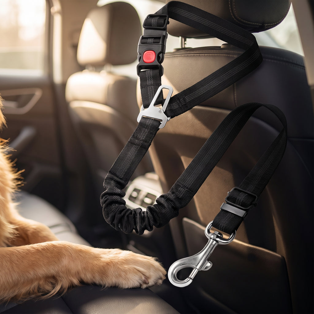 FurLift dog tether looped on a car headrest with lockable buckle, seatbelt clip, and bungee visible