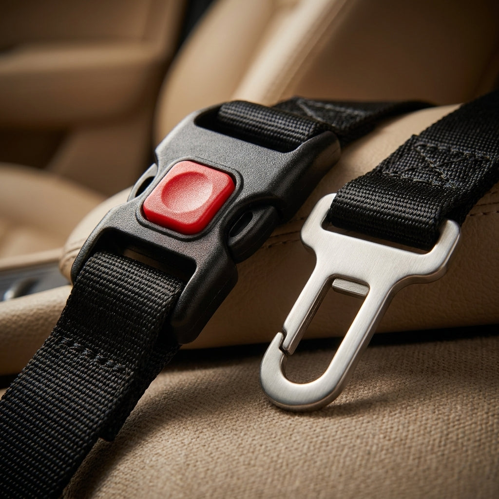 Close-up of the FurLift lockable buckle and universal seatbelt clip